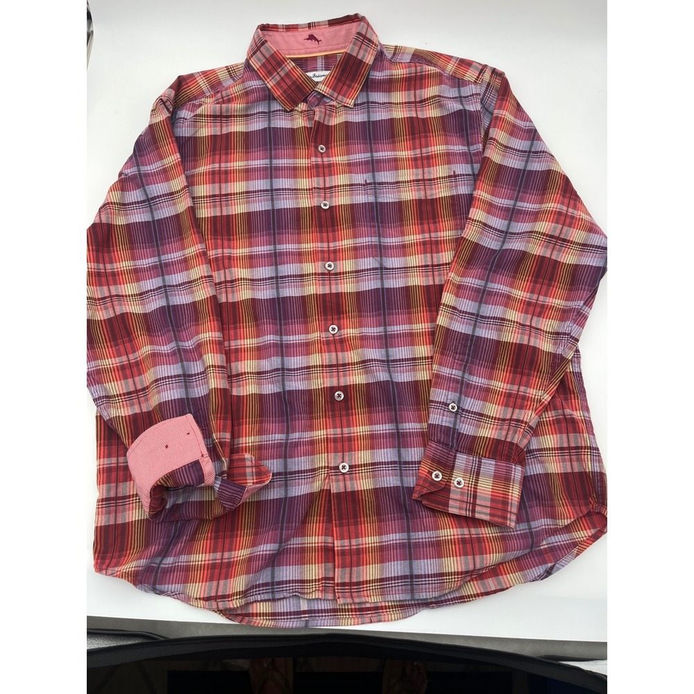 Vintage Tommy Bahama Mens Large Plaid Shirt Red Purple Silk Blend L/S